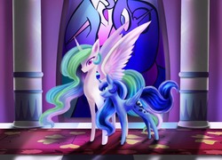 Size: 1253x901 | Tagged: dead source, safe, artist:lunaritass, princess celestia, princess luna, alicorn, pony, g4, duo, female, mare, missing accessory, royal sisters, sisters, stained glass