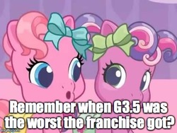 Size: 480x360 | Tagged: safe, edit, edited screencap, screencap, cheerilee (g3), pinkie pie (g3), g3, g3.5, g4, newborn cuties, g3.75, image macro, meme, op is a duck, op is trying to start shit, shitposting