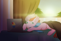 Size: 1500x1000 | Tagged: safe, artist:detectiveneko, oc, oc only, oc:cherry swirl, pony, bed, bedroom, clothes, computer, laptop computer, male, morning, morning ponies, scarf, solo, stallion, ych result