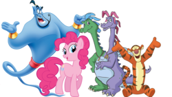 Size: 1920x1080 | Tagged: safe, artist:conthauberger, pinkie pie, dragon, earth pony, genie, pony, g4, aladdin, crossover, dragon tales, genie (aladdin), laughing, male, multiple heads, simple background, tigger, transparent background, two heads, two-headed dragon, winnie the pooh, zak and wheezie