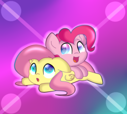 Size: 900x810 | Tagged: safe, artist:pinkiepie6680, fluttershy, pinkie pie, pony, g4, chibi, cute, diapinkes, prone, shyabetes