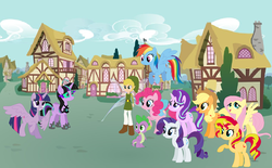 Size: 2227x1378 | Tagged: safe, artist:firestarartist, artist:matty4z, artist:selenaede, artist:user15432, applejack, fluttershy, pinkie pie, rainbow dash, rarity, spike, starlight glimmer, sunset shimmer, twilight sparkle, oc, oc:twivine sparkle, alicorn, dragon, earth pony, fairy, human, hylian, pegasus, pony, unicorn, equestria girls, g4, barely eqg related, base used, crossover, equestria girls style, equestria girls-ified, fairy wings, humanized, mane six, nintendo, ponyville, super smash bros., the legend of zelda, the legend of zelda: the wind waker, toon link, twilight sparkle (alicorn), winged humanization, wings