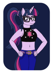 Size: 1829x2600 | Tagged: safe, artist:supra80, sci-twi, twilight sparkle, unicorn, anthro, equestria girls, g4, alternate clothes, armpits, belly button, belt, clothes, cutie mark on clothes, female, glasses, hand on hip, jeans, midriff, pants, ponytail, simple background, smiling, solo, tank top, transparent background