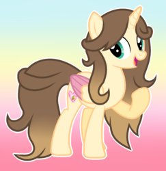 Size: 1024x1054 | Tagged: safe, artist:cindystarlight, oc, oc only, oc:happy bee, alicorn, pony, alicorn oc, colored wings, female, gradient background, mare, multicolored wings, solo