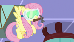 Size: 1280x720 | Tagged: safe, screencap, fluttershy, pegasus, pony, discordant harmony, g4, eyes closed, female, flying, goggles, hammer, mare, mouth hold, nail, safety goggles, solo