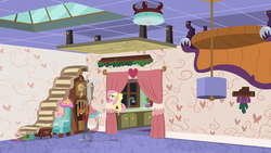 Size: 1280x720 | Tagged: safe, screencap, discord, fluttershy, pony, discordant harmony, g4, chair, clock, fading, flying, rug, stool, table, upside down