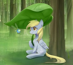 Size: 1602x1431 | Tagged: safe, artist:teateajing, derpy hooves, parasprite, pegasus, pony, g4, female, forest, leaf, mare, rain, sitting, tree