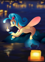 Size: 1089x1494 | Tagged: safe, artist:t0zona, princess skystar, seapony (g4), g4, my little pony: the movie, bioluminescent, blue eyes, blue mane, blue tail, candle, cute, dorsal fin, female, fin, fin ears, fin wings, fins, fish tail, floppy ears, flower, flower in hair, flowing mane, flowing tail, jewelry, necklace, ocean, pearl necklace, river, rock, scales, smiling, solo, spread wings, tail, water, wings