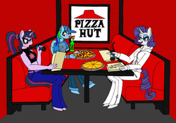 Size: 2379x1665 | Tagged: safe, artist:supra80, rainbow dash, rarity, sci-twi, twilight sparkle, pegasus, unicorn, anthro, unguligrade anthro, equestria girls, g4, alternate clothes, belt, blushing, booth, clothes, design, dress, drinking, eating, food, glasses, hat, hoodie, jeans, jersey, meat, mountain dew, open mouth, pants, pepperoni, pepperoni pizza, pepsi, pizza, pizza hut, pointing, ponytail, product placement, restaurant, sheet, simple background, sitting, sketch, smiling, soda, straw, tank top, trio