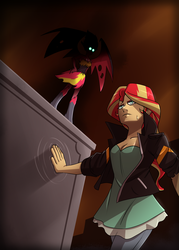 Size: 2500x3500 | Tagged: safe, artist:imskull, sunset shimmer, equestria girls, g4, clothes, deja vu, duality, duo, glowing eyes, high res, jacket, leather jacket, pants, pedestal, portal, silhouette, sunset satan
