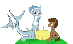 Size: 1826x1121 | Tagged: safe, artist:feralroku, oc, oc only, oc:dexamene, oc:strong runner, original species, pony, shark pony, candle, date, duo, nereid, sharp teeth, simple background, sitting, smiling, table, tail wag, teeth, transparent background