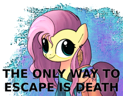 Size: 749x585 | Tagged: safe, artist:songbirdserenade, edit, fluttershy, pegasus, pony, g4, caption, clothes, colored wings, ear piercing, earring, escape, female, funny, help, horror, implied death, insanity, jewelry, mare, meme, piercing, shirt, smiling, solo, wings