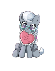 Size: 612x792 | Tagged: safe, artist:autumn rush, silver spoon, earth pony, pony, g4, braid, cute, female, filly, glasses, heart, holiday, looking at you, mouth hold, silverbetes, simple background, solo, transparent background, valentine's day
