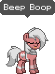 Size: 236x316 | Tagged: safe, oc, oc only, oc:velvet love, pony, robot, pony town, english, female, mare, original character do not steal, red, simple background, solo, text, transparent background, white hair