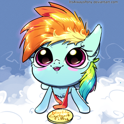 Size: 3000x3000 | Tagged: safe, artist:itsalwayspony, rainbow dash, pegasus, pony, g4, big eyes, blushing, cloud, cute, dashabetes, female, filly, filly rainbow dash, high res, itsalwayspony is trying to murder us, looking up, medal, missing teeth, sky, solo, younger