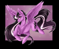 Size: 1750x1450 | Tagged: safe, artist:ronyardraws, oc, oc only, alicorn, pony, alicorn oc, female, flying, looking at you, mare, smiling, solo, two toned mane