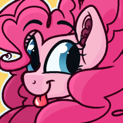 Size: 1500x1500 | Tagged: safe, artist:binkyt11, pinkie pie, earth pony, pony, g4, :p, :t, bust, cute, ear fluff, featured image, female, fluffy mane, impossibly large mane, looking at you, looking back, mare, medibang paint, pixel art, ponk, silly, silly pony, simple background, smiling, solo, tongue out, yellow background