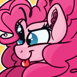 Size: 1500x1500 | Tagged: safe, alternate version, artist:binkyt11, pinkie pie, earth pony, pony, g4, :p, :t, bust, cross-eyed, cute, derp, ear fluff, faic, female, fluffy mane, impossibly large mane, looking back, mare, medibang paint, pixel art, ponk, silly, silly pony, simple background, smiling, solo, tongue out, yellow background