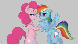 Size: 1222x690 | Tagged: safe, artist:ehfa, pinkie pie, rainbow dash, earth pony, pegasus, pony, g4, bipedal, blushing, female, flying, heart eyes, holding hooves, lesbian, looking at each other, mare, ship:pinkiedash, shipping, wingding eyes, wings