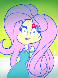 Size: 600x804 | Tagged: safe, artist:angellafluff, fluttershy, equestria girls, equestria girls series, fluttershy's butterflies, g4, angry, clothes, cross-popping veins, dress, female, fluttershy's butterflies: rainbow dash, geode of fauna, jewelry, looking at you, magical geodes, necklace, scene interpretation