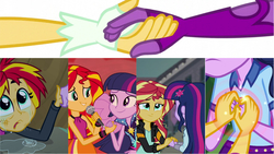 Size: 1366x768 | Tagged: safe, sci-twi, sunset shimmer, twilight sparkle, alicorn, equestria girls, g4, my little pony equestria girls, my little pony equestria girls: friendship games, my little pony equestria girls: legend of everfree, my little pony equestria girls: rainbow rocks, daydream shimmer, holding hands, midnight sparkle, twilight sparkle (alicorn)