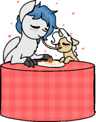 Size: 420x531 | Tagged: safe, artist:nootaz, oc, oc only, oc:delta dart, oc:rewind, hippogriff, cute, delwind, eating, food, lady and the tramp, pasta, size difference, spaghetti, talons