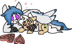 Size: 506x311 | Tagged: safe, artist:nootaz, oc, oc only, oc:delta dart, oc:rewind, hippogriff, pony, unicorn, chocolate, cute, delwind, food, happy, heart, hug, romantic, simple background, size difference, talons, transparent background, winghug