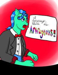 Size: 7833x10119 | Tagged: safe, artist:kirbymlp, oc, unnamed oc, earth pony, anthro, absurd resolution, bowtie, bubble words, colored background, fancy, monocle, script, speech, speech bubble