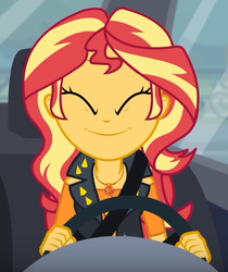 Size: 436x519 | Tagged: safe, screencap, sunset shimmer, driving miss shimmer, driving miss shimmer: fluttershy, equestria girls, g4, my little pony equestria girls: better together, cute, eyes closed, female, geode of empathy, happy, magical geodes, shimmerbetes, smiling, solo