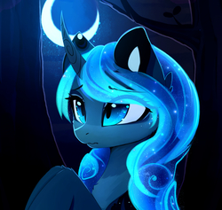 Size: 2924x2772 | Tagged: safe, artist:magnaluna, princess luna, alicorn, pony, g4, beautiful, bust, cheek fluff, chest fluff, cross-eyed, curved horn, cute, ethereal mane, eye clipping through hair, female, fluffy, frown, high res, horn, leg fluff, looking up, lunabetes, mare, moon, night, solo, starry eyes, starry mane, stars, wavy mouth, wingding eyes