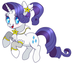 Size: 2392x2054 | Tagged: safe, artist:hanaty, rarity, pony, unicorn, g4, alternate hairstyle, collar, colored pupils, crossover, female, floating, high res, league of legends, looking at you, open mouth, ponytail, raised hoof, simple background, smiling, solo, star guardian, stars, transparent background
