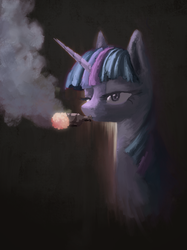 Size: 2048x2732 | Tagged: artist needed, source needed, safe, twilight sparkle, pony, g4, bust, female, high res, lidded eyes, mare, portrait, simple background, smoking beer, solo, wat