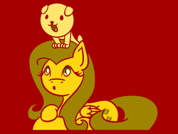 Size: 1800x1350 | Tagged: safe, artist:flutterluv, fluttershy, dog, pegasus, pony, g4, chinese zodiac, female, flat colors, limited palette, mare, prone, simple background, sitting on head, smiling, year of the dog