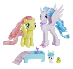 Size: 1242x1181 | Tagged: safe, angel bunny, fluttershy, silverstream, classical hippogriff, duck, hippogriff, rabbit, g4, school daze, animal, bathtub, jewelry, necklace, spray bottle, towel, toy