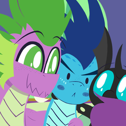 Size: 1000x1000 | Tagged: safe, alternate version, artist:dragonpone, derpibooru exclusive, princess ember, spike, thorax, changeling, dragon, g4, >:<, bisexual, blush sticker, blushing, close-up, dragoness, embarrassed, female, freckles, group hug, hug, interspecies, male, older, older spike, polyamory, ship:emberspike, ship:embrax, ship:spembrax, ship:thoraxspike, shipping, shoulder freckles, smiling, straight, teenage spike, teenager, trio, winged spike, winghug, wings