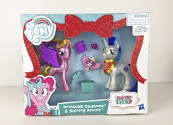 Size: 1191x862 | Tagged: safe, pinkie pie, princess cadance, princess flurry heart, shining armor, g4, my little pony best gift ever, bottle, christmas, hearth's warming eve, holiday, present, teddy bear, toy