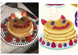 Size: 2078x1481 | Tagged: safe, artist:jesslmc16, a royal problem, g4, blueberry, comparison, defictionalization, food, irl, pancakes, photo, raspberry (food), strawberry, whipped cream