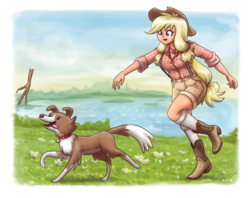 Size: 1615x1280 | Tagged: safe, artist:king-kakapo, applejack, winona, dog, human, g4, boots, clothes, cowboy hat, cute, female, freckles, grass, hat, human female, humanized, jackabetes, long socks, plaid shirt, shoes, shorts, smiling, stetson, stick, suspenders, throwing, water