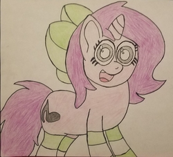 Size: 1937x1758 | Tagged: safe, artist:faintshadow, oc, oc only, oc:mable syrup, pony, unicorn, blind, bow, clothes, female, happy, socks, solo, striped socks, traditional art