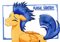 Size: 1600x1131 | Tagged: safe, artist:jotakaanimation, flash sentry, pegasus, pony, g4, looking at you, male, one eye closed, smiling, solo, stallion, wink