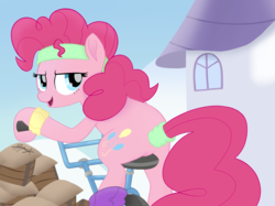 Size: 2732x2048 | Tagged: safe, artist:lemonspark, pinkie pie, earth pony, pony, g4, my little pony: the movie, bicycle, female, high res, movie accurate, solo, workout outfit
