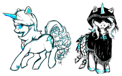 Size: 1280x793 | Tagged: safe, artist:brynalyn, oc, oc only, oc:eclectica, pony, unicorn, bone, braid, braided tail, brooch, clothes, cutie mark, feather, female, hood, horn, reference sheet, solo