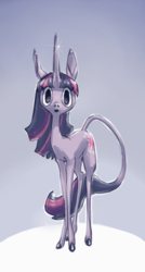 Size: 566x1058 | Tagged: safe, artist:brynalyn, twilight sparkle, classical unicorn, pony, unicorn, g4, cutie mark, female, horn, leonine tail, looking at you, simple background, solo