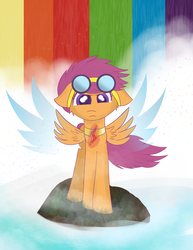 Size: 2550x3300 | Tagged: safe, artist:skyflys, scootaloo, pony, g4, artificial wings, augmented, colored pupils, element of loyalty, female, goggles, high res, magic, magic wings, rainbow waterfall, solo, wings