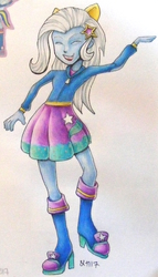 Size: 700x1221 | Tagged: safe, artist:andpie, trixie, equestria girls, g4, clothes, female, pony ears, solo, traditional art