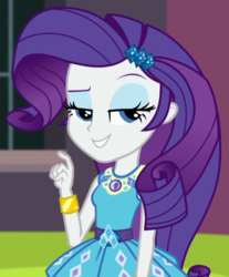 Size: 594x718 | Tagged: safe, screencap, rarity, equestria girls, equestria girls series, g4, text support, text support: rarity, bracelet, cropped, eyeshadow, female, geode of shielding, gold, jewelry, lidded eyes, magical geodes, makeup, pendant, raised eyebrow, rarity peplum dress, sleeveless, solo