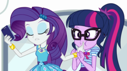 Size: 1280x720 | Tagged: safe, screencap, rarity, sci-twi, twilight sparkle, equestria girls, equestria girls series, g4, text support, text support: rarity, bracelet, cellphone, duo, eyes closed, female, finger on mouth, geode of shielding, geode of telekinesis, glasses, jewelry, magical geodes, phone, ponytail, rarity peplum dress, shhh, sleeveless, smartphone