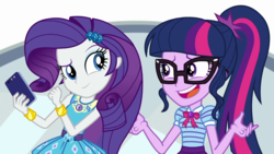 Size: 1280x720 | Tagged: safe, screencap, rarity, sci-twi, twilight sparkle, equestria girls, equestria girls series, g4, text support, text support: rarity, cellphone, duo, female, geode of shielding, geode of telekinesis, glasses, magical geodes, phone, ponytail, raised eyebrow, shrug, smartphone