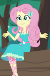 Size: 420x633 | Tagged: safe, screencap, fluttershy, equestria girls, equestria girls series, g4, text support, cropped, female, geode of fauna, magical geodes, sitting, solo, text support: fluttershy
