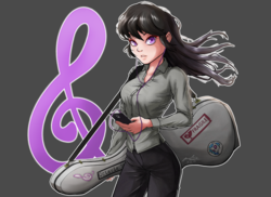 Size: 2975x2160 | Tagged: safe, artist:the-park, octavia melody, human, g4, black hair, cello, cello case, cellphone, clothes, female, gray background, headphones, high res, humanized, long hair, looking at you, musical instrument, phone, purple eyes, simple background, solo, standing